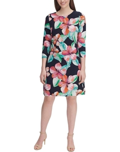 Женское мини-платье-футляр с рукавами 3/4 и круглым вырезом, Sky Captain/ Coral Tommy hilfiger