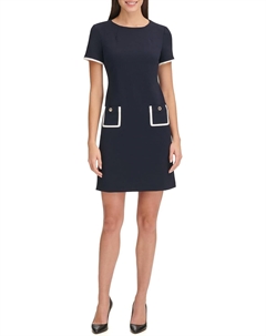 Женское мини-платье-футляр с короткими рукавами, высоким воротом и контрастной отделкой, Ivory/Sky Captain Tommy hilfiger