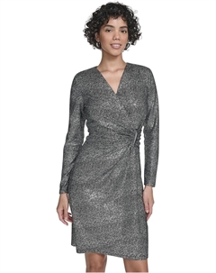 Женское платье с длинными рукавами и имитацией запаха, Black Silver Calvin klein