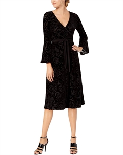 Женское платье миди из искусственного бархата с длинными рукавами и запахом, Black Calvin klein