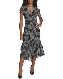 Женское шифоновое платье Hi Lo с рукавами-крылышками, V-образным вырезом и оборками, Black/Ivory Tommy hilfiger