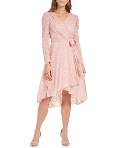 Женское облегающее платье-миди с длинным рукавом и расклешенной юбкой из шифона с имитацией запаха, Misty Rose Tommy hilfiger