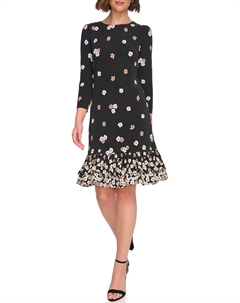 Женское трикотажное мини-платье с рукавами 3/4, высоким воротом и оборками, Black Multi Tommy hilfiger