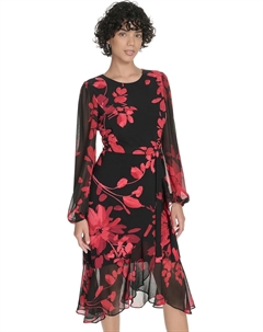 Женское платье миди с длинными рукавами, расклешенным подолом и завязками, Deep Scarlet Multi Tommy hilfiger