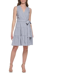 Женское мини-платье без рукавов с V-образным вырезом и завязкой на талии, Marina Blue/Ivory Tommy hilfiger