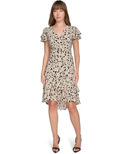 Женское шифоновое мини-платье с рукавами-крылышками, V-образным вырезом и оборками, Cream/Black Multi Tommy hilfiger