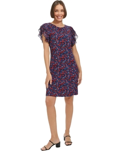 Женское шифоновое платье с рукавами-крылышками, круглым вырезом и мелким цветочным принтом, Sky Captain/Guava Tommy hilfiger