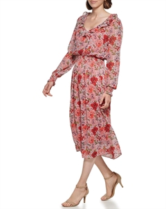 Женское платье миди из шифона с длинными рукавами, V-образным вырезом и оборками, Samba Multi Tommy hilfiger