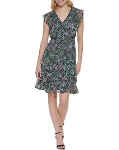 Женское шифоновое мини-платье с оборками и завязкой на талии, Ballerina Pink Multi Tommy hilfiger