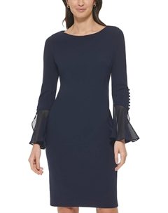 Женское платье-футляр с длинным рукавом из крепа-сабу, Indigo Calvin klein