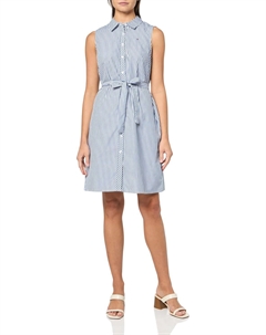 Женское мини-платье-рубашка без рукавов с воротником, пуговицами спереди и завязкой на талии, Marina Blue/Bright White Tommy hilfiger