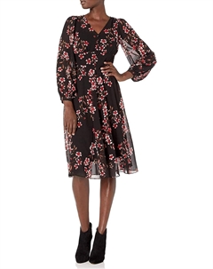 Женское шифоновое платье с длинными рукавами, V-образным вырезом и пуговицами, Red Multi Calvin klein