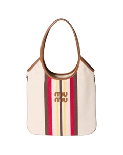 Кожаная наплечная сумка Ivy с панелями из холста для женщин натурального цвета, Set (Bag+Dust Bag) Miu miu