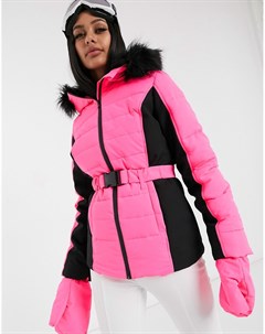 Розовая горнолыжная куртка с поясом и искусственным мехом Missguided