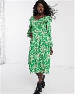 Зеленое свободное платье миди с цветочным принтом Asos design