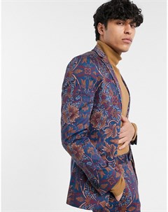 Синий приталенный пиджак с цветочным принтом Topman