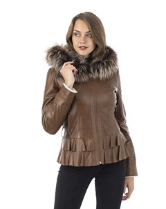 Женская кожаная куртка из натуральной кожи на меху с капюшоном отделка лиса Мосмеха
