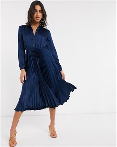 Темно синее платье рубашка миди с плиссированной юбкой Closet london