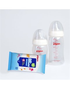 Набор бутылочки для кормления SofTouch Peristaltic Plus и влажные салфетки Pigeon