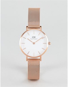 Розово золотистые часы с белым циферблатом 28 мм и сетчатым браслетом Petite Melrose Daniel wellington