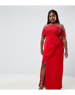 Красное платье макси с отделкой открытыми плечами и запахом Virgos lounge plus