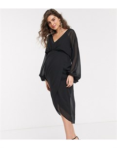 Платье миди с глубоким вырезом и пышными рукавами ASOS DESIGN Maternity Asos maternity