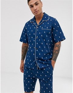 Темно синий пижамный комплект со сплошным принтом логотипа Polo ralph lauren