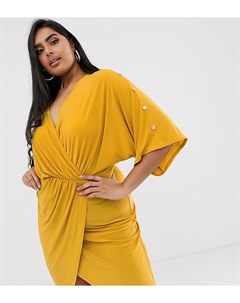 Платье футляр горчичного цвета с золотистыми пуговицами и глубоким вырезом Koco & k plus
