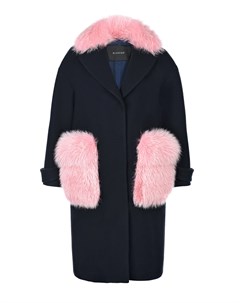 Темно синее пальто с розовыми карманами из меха Blancha