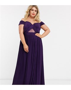 Платье макси с открытыми плечами плиссировкой и кружевом ASOS DESIGN Curve Asos curve