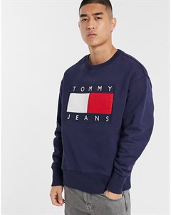 Темно синий свитшот с круглым вырезом и большим флагом Tommy jeans