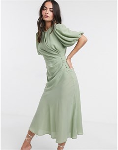 Шалфейно зеленое платье макси в клетку с пышными рукавами Asos design