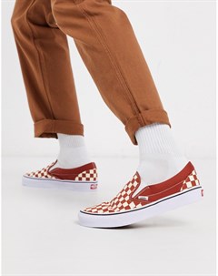 Красные белые кроссовки слипоны в шахматную клетку Classic Vans