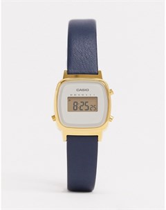 Цифровые часы с темно синим кожаным ремешком Casio