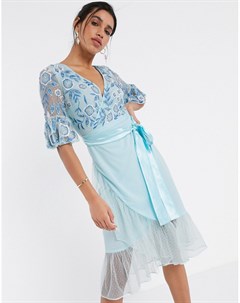 Голубое декорированное платье миди с рукавами клеш Frock Frill Frock and frill