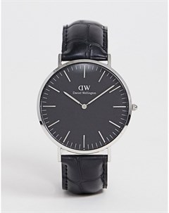 Часы с черным кожаным ремешком и серебристым циферблатом 40 мм Daniel wellington