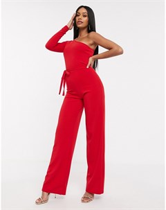 Красный комбинезон на одно плечо с широкими штанинами Femme luxe