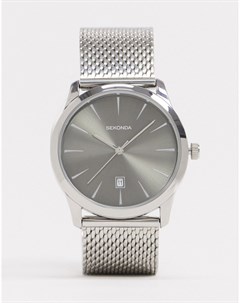 Серебристые часы с сетчатым браслетом и серым циферблатом Sekonda