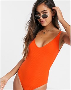 Оранжевый слитный купальник в рубчик с V образным вырезом и открытой спиной Vero moda