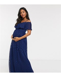 Темно синее жаккардовое платье макси с узором в горошек и открытыми плечами Little mistress maternity