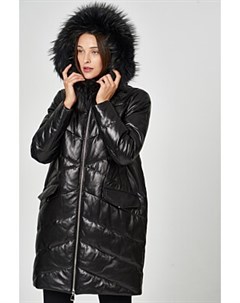 Утепленное кожаное пальто с отделкой мехом енота Vericci