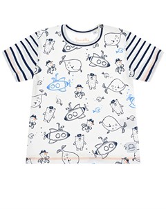 Белая футболка с принтом Подводные лодки рыбы и осьминоги детская Sanetta kidswear