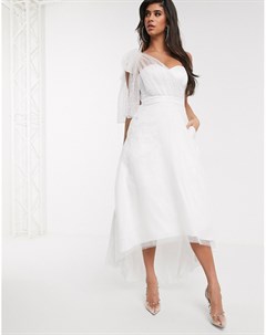 Бело серебристое платье макси на одно плечо с пышной юбкой и бантом Bariano