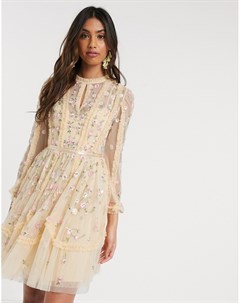 Платье мини лимонного цвета с вышитыми розами Needle & thread