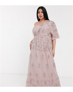 Розовое платье макси на одно плечо с драпировкой и цветочной отделкой Maya plus