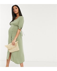 Чайное платье миди цвета хаки с V образным вырезом и завязками на рукавах ASOS DESIGN Maternity Asos maternity