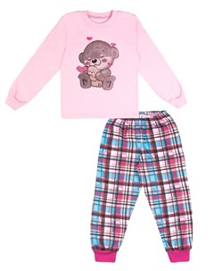 Пижама с длинным рукавом розовая в клетку Мишка в сердечках Апрель