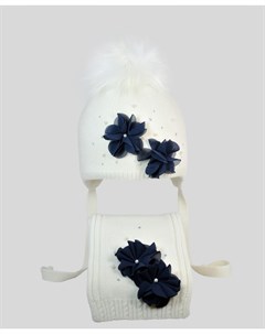 Комплект белый шапка зимняя с шарфом с синими цветами Вивьен Mialt