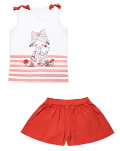 Комплект летний красного цвета юбка шорты и майка Девочка с мишкой Апрель