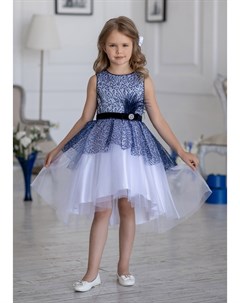 Платье нарядное бело синего цвета с ассиметричной юбкой Гламур Alolika